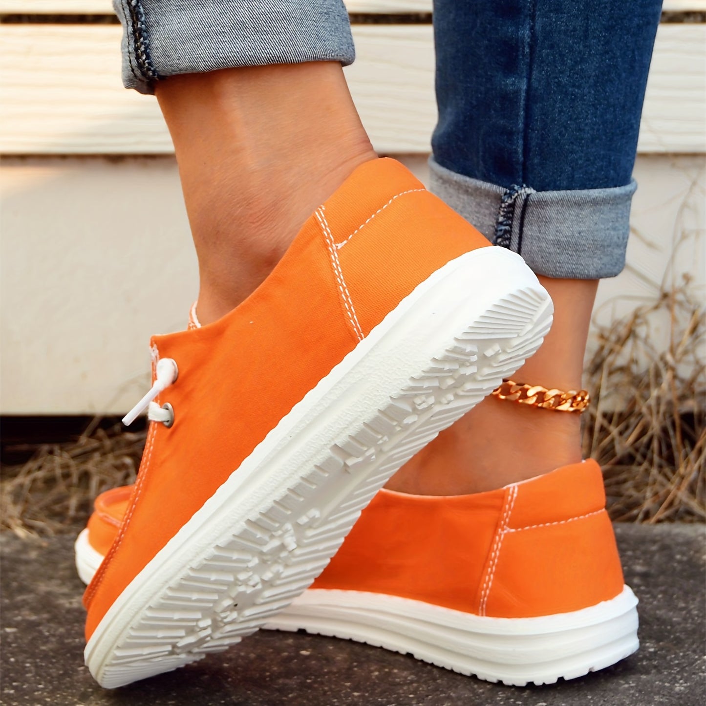 Orange Canvas Shoes, Low Top Lace Up Casual Shoes