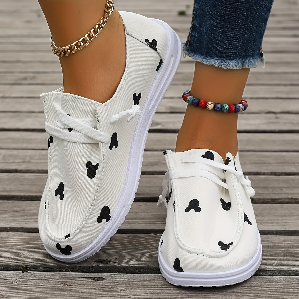 Cartoon Print Canvas Shoes, Low Top Lace Up Flat Shoes