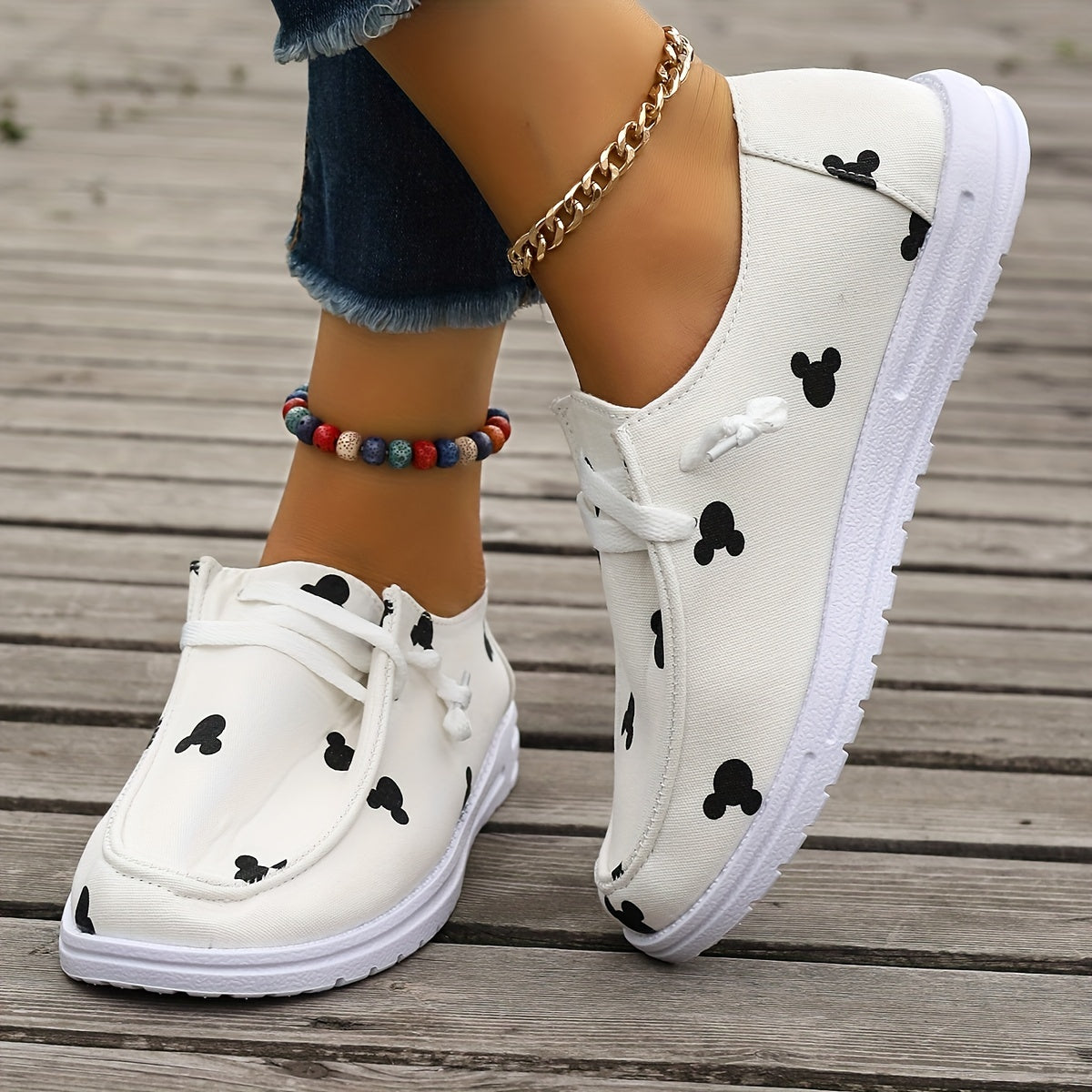 Cartoon Print Canvas Shoes, Low Top Lace Up Flat Shoes