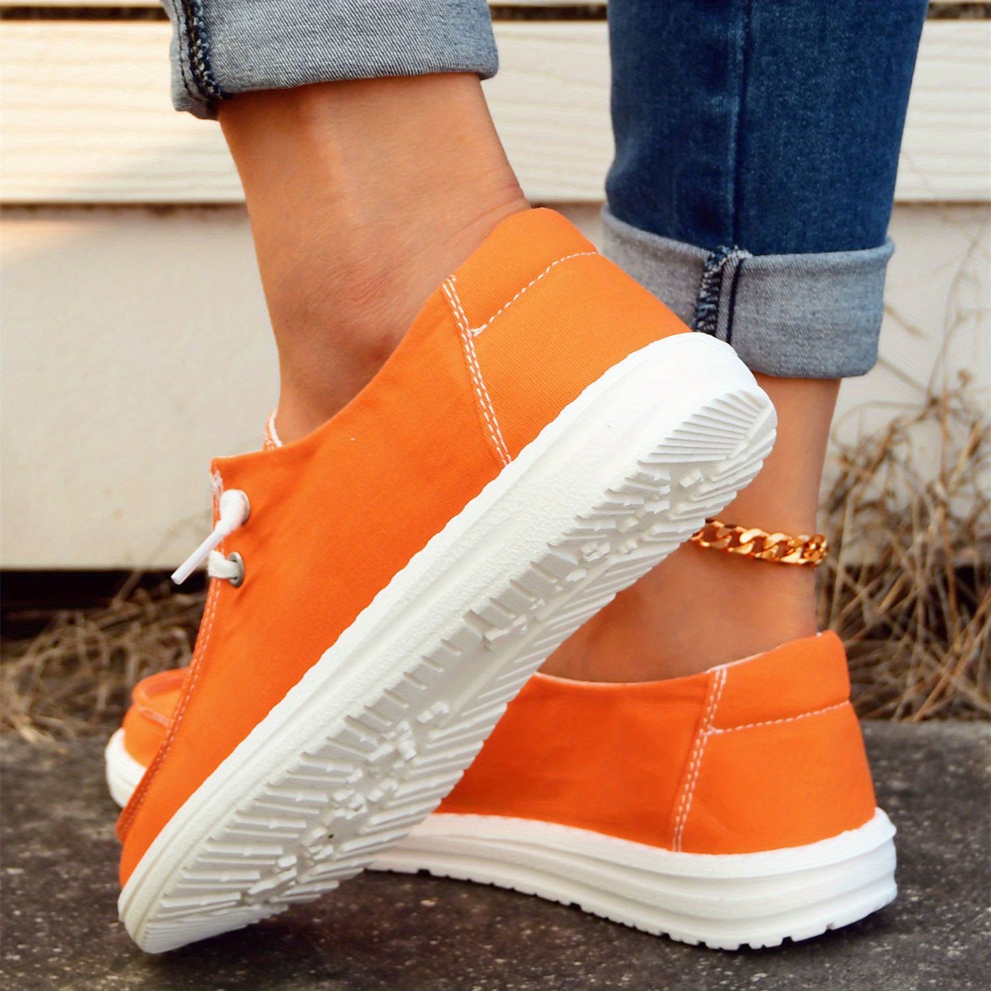 Orange Canvas Shoes, Low Top Lace Up Casual Shoes