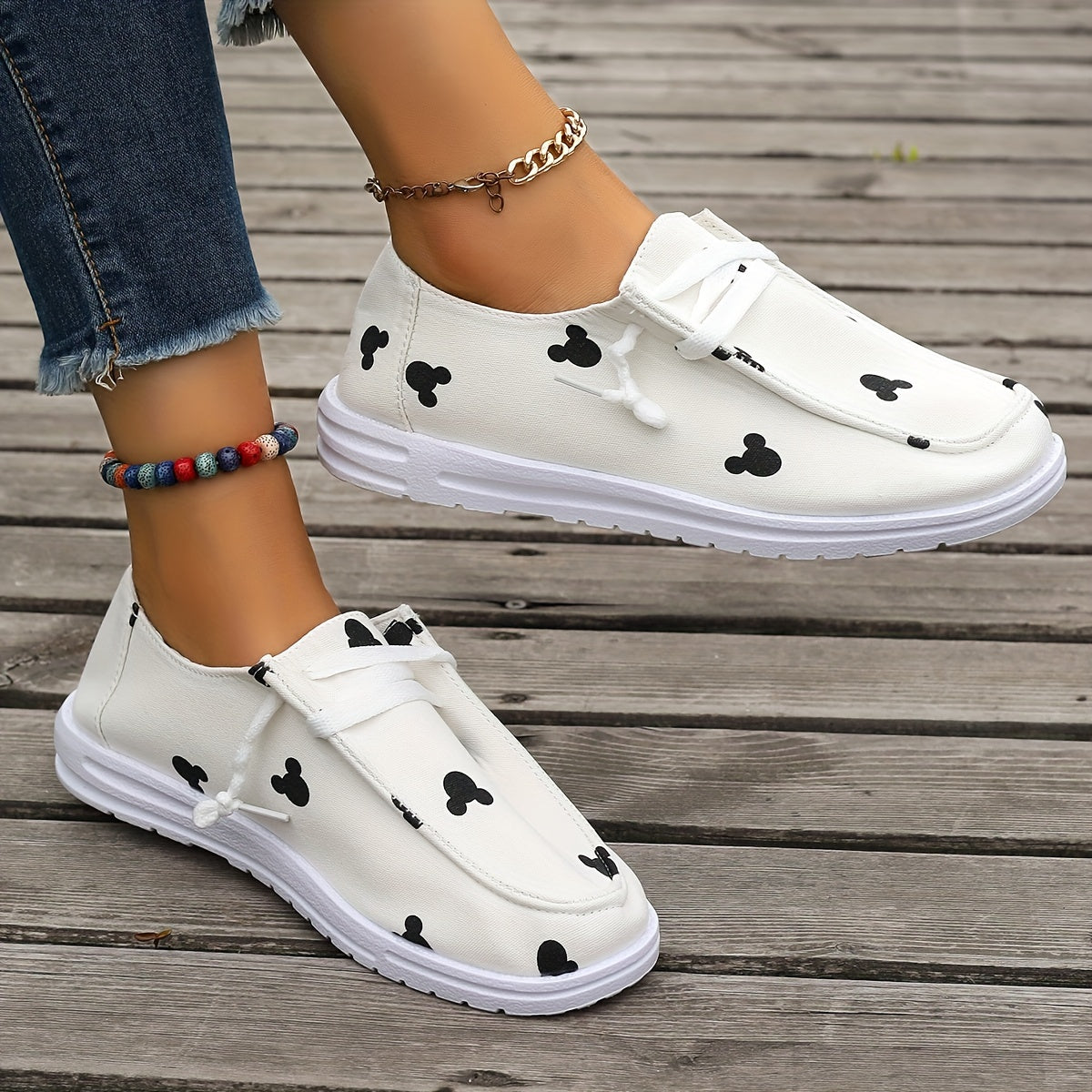 Cartoon Print Canvas Shoes, Low Top Lace Up Flat Shoes